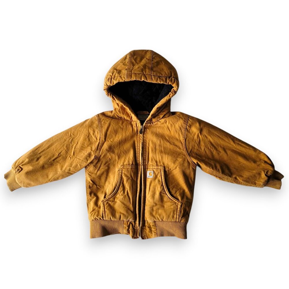 Carhartt Boys Duck Canvas Hooded Jacket Brown 4T Insulated Work Coat